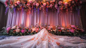 The wedding background and room for studio photos are filled with beautiful flower decorations