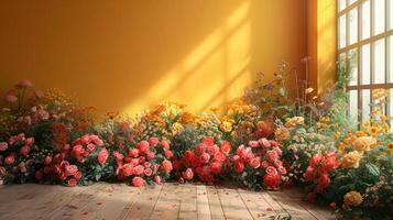 The wedding background and room for studio photos are filled with beautiful flower decorations