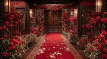 The wedding background and room for studio photos are filled with beautiful flower decorations