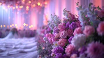 The wedding background and room for studio photos are filled with beautiful flower decorations