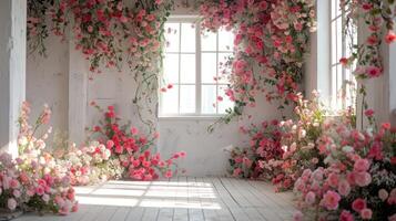 The wedding background and room for studio photos are filled with beautiful flower decorations