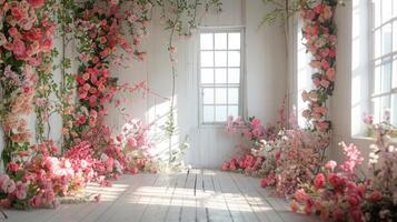 The wedding background and room for studio photos are filled with beautiful flower decorations