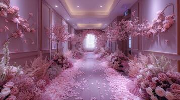 The wedding background and room for studio photos are filled with beautiful flower decorations