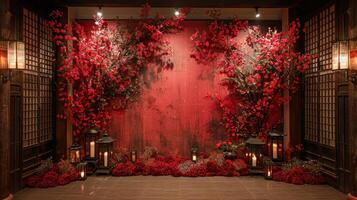 The wedding background and room for studio photos are filled with beautiful flower decorations