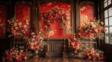The wedding background and room for studio photos are filled with beautiful flower decorations
