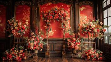 el Boda antecedentes y habitación para estudio fotos son lleno con hermosa flor decoraciones