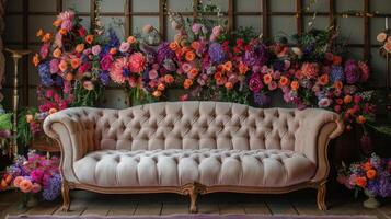 The wedding background and room for studio photos are filled with beautiful flower decorations