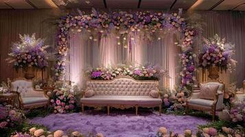 The wedding background and room for studio photos are filled with beautiful flower decorations