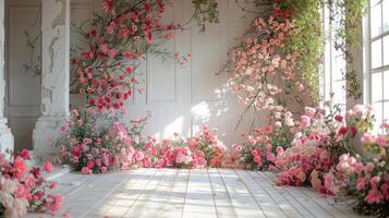 el Boda antecedentes y habitación para estudio fotos son lleno con hermosa flor decoraciones