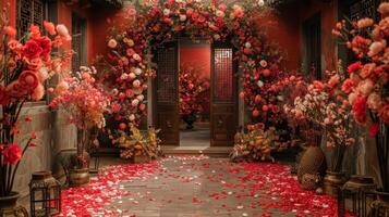 The wedding background and room for studio photos are filled with beautiful flower decorations