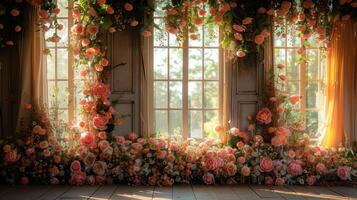 The wedding background and room for studio photos are filled with beautiful flower decorations