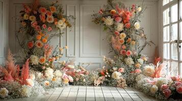 The wedding background and room for studio photos are filled with beautiful flower decorations