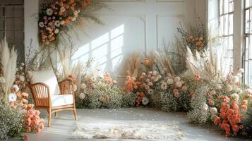 The wedding background and room for studio photos are filled with beautiful flower decorations