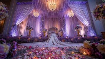 The wedding background and room for studio photos are filled with beautiful flower decorations
