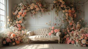 The wedding background and room for studio photos are filled with beautiful flower decorations