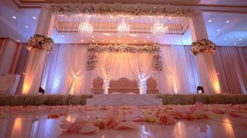 Wedding stage decoration background inside the building with elegant and beautiful flower decorations photo