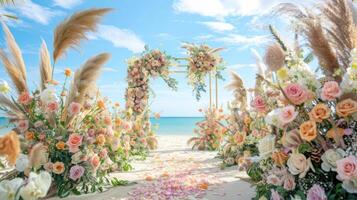 el fondo para un aire libre Boda en el playa lleno con hermosa floral decoraciones y adornos ai generar foto