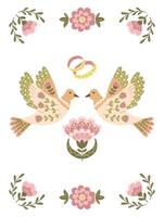 Wedding invitation in flat floral folk style with birds and rings in muted colors. Botanical illustration for wedding or engagement vertical template isolated on white background vector