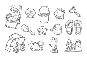 Doodle set of kids toy for summer vacation on beach. Collection of hand drawn contour items for playing with sand. monochrome outline stickers. illustration isolated on white background vector