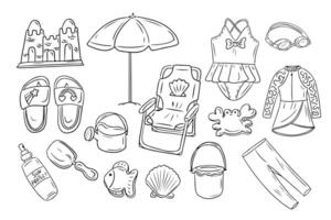 Big summer doodle set of kids beach vacation. Collection of hand drawn contour items for children. Monochrome outline stickers. illustration isolated on white background vector