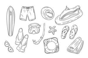 Outline doodle set of beach rest activities. Items for diving, swimming and riding water bike. Monochrome outline stickers. illustration isolated on white background vector