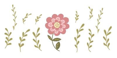 Flat fantasy set with flower and branches in folk style. hand drawn botanical drawings in muted colors isolated on white background. Decorative set of elements in boho style vector