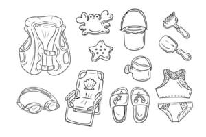 Summer beach kids outline doodle set. Collection of hand drawn contour children items for rest on seaside and playing with sand and water. monochrome illustrations isolated on white background vector