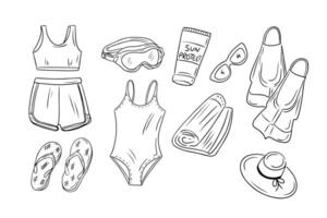 Contour doodle set of active female beach rest. Items for diving and swimming . Monochrome outline stickers. illustration isolated on white background vector