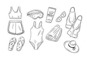 Contour doodle set of active female beach rest. Items for diving and swimming . Monochrome outline stickers. illustration isolated on white background vector