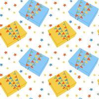 Seamless pattern with wrapped presents and stars isolated on white background. Illustration for celebration birthday or Christmas vector
