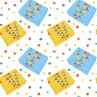 Seamless pattern with wrapped presents and stars isolated on white background. Illustration for celebration birthday or Christmas vector