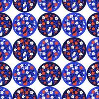 Seamless pattern with Round contrast abstract floral compositions isolated om white background. Flat hand drawn flowers in vase in bold colors. Unique retro print design for textile, wallpaper vector