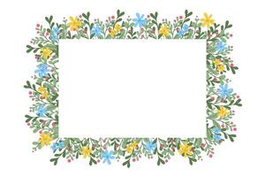 Banner with floral frame with spring abstract flowers and branches. Horizontal template in flat style for header or footer isolated on white background vector