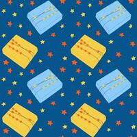Flat seamless pattern with wrapped gift boxes and stars on blue background. Seamless pattern for a gift on fabric or paper for friends and family for Christmas and New Year or Birthday vector