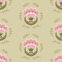 Floral seamless pattern with abstract flower in flat folk style. Botanical pattern in boho style. Hand drawn illustration in pastel colors on green background. Print design for textile vector