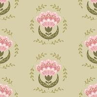 Floral seamless pattern with abstract flower in flat folk style. Botanical pattern in boho style. Hand drawn illustration in pastel colors on green background. Print design for textile vector