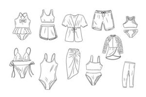 Summer contour doodle set of swimming suits. hand drawn sketchy drawings of female, male and children clothes for beach vacation. Fashion bikini collection isolated on white background vector
