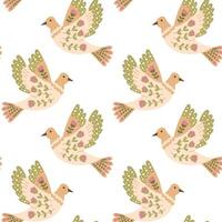Fantasy seamless pattern with bird in folk floral style. hand drawn abstract flower on wings. Animalistic illustration in retro boho style. Vintage nature print design for textile or wallpaper vector