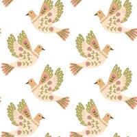 Fantasy seamless pattern with bird in folk floral style. hand drawn abstract flower on wings. Animalistic illustration in retro boho style. Vintage nature print design for textile or wallpaper vector