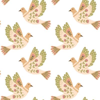 Fantasy seamless pattern with bird in folk floral style. hand drawn abstract flower on wings. Animalistic illustration in retro boho style. Vintage nature print design for textile or wallpaper