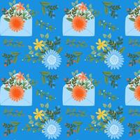 Contrast seamless pattern with stylized floral compositions and envelopes. flat hand drawn colored flower on blue background. Springtime or summer concept for textile or wallpaper vector