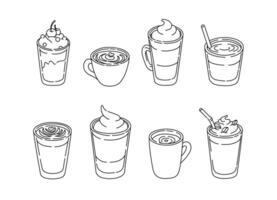 Minimalistic line art illustration set of coffee cups and drinks isolated on white background. illustration vector