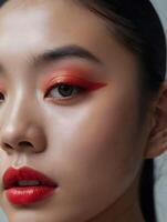 Close up portrait of beautiful asian woman with bright red makeup. photo