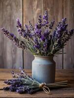 bunch of lavender on wooden background photo