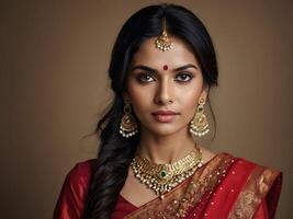 hermosa indio mujer en tradicional sari, joyería y pendientes foto