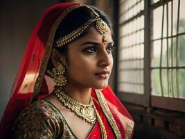 retrato de un hermosa indio mujer en tradicional ropa y joyería foto