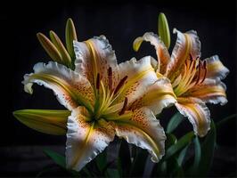 a group of yellow and white lily flowers in dark background photo