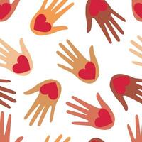 Red heart in the palm of the hand on a white background form a seamless cute pattern. vector