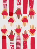 The hands of people with different skin colors, different nationalities and religions hold a red heart. vector