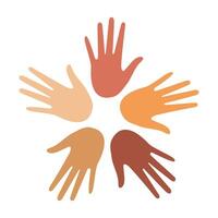 Hands palms of multiethnic people arranged in a circle on a white background. vector